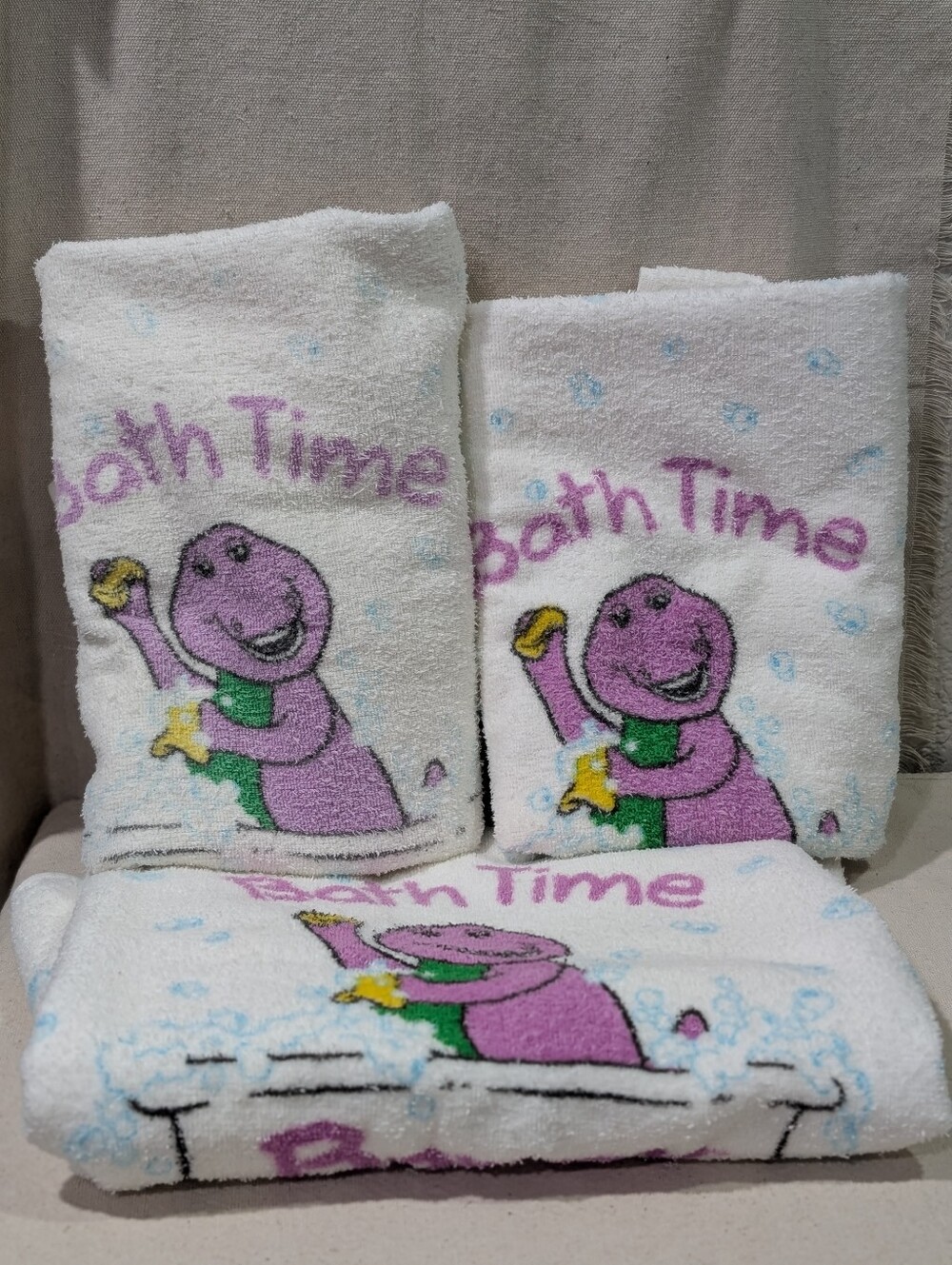 VTG 90's Barney the Purple Dinosaur Bath Towel Set 5 pcs nostalgia childhood